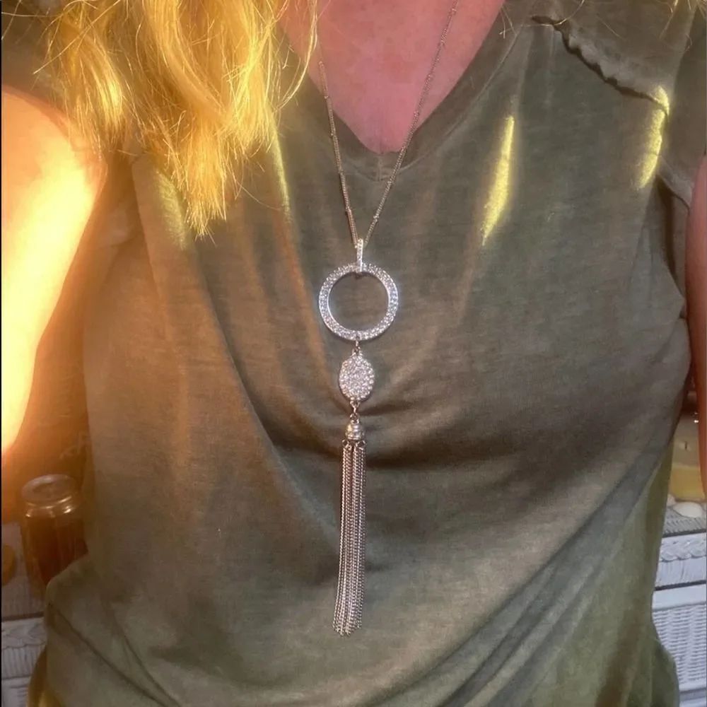 I.N.C. Silver Tone Pave Circle Pendant Tassel Necklace